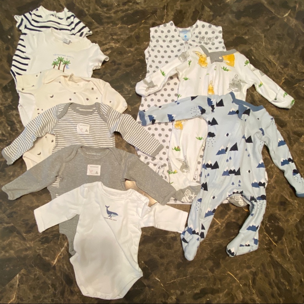 9 Premium Baby Clothes Size 0-3 mo Burt’s Bees, Janie & Jack, Halo Sleep, etc